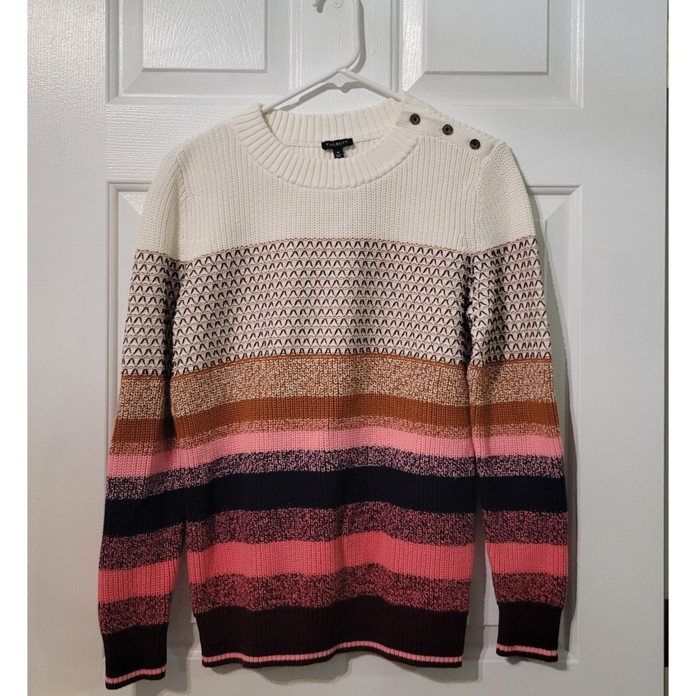 Talbots Striped Sweater Women's Medium Colorblock Button Shoulder Elbow Patches